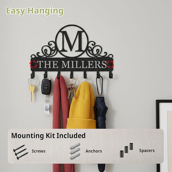 Key Holder Wall Mount, Personalized Adhesive Key Holder Hook for Wall, Metal Key Rack for Housewarming Gift