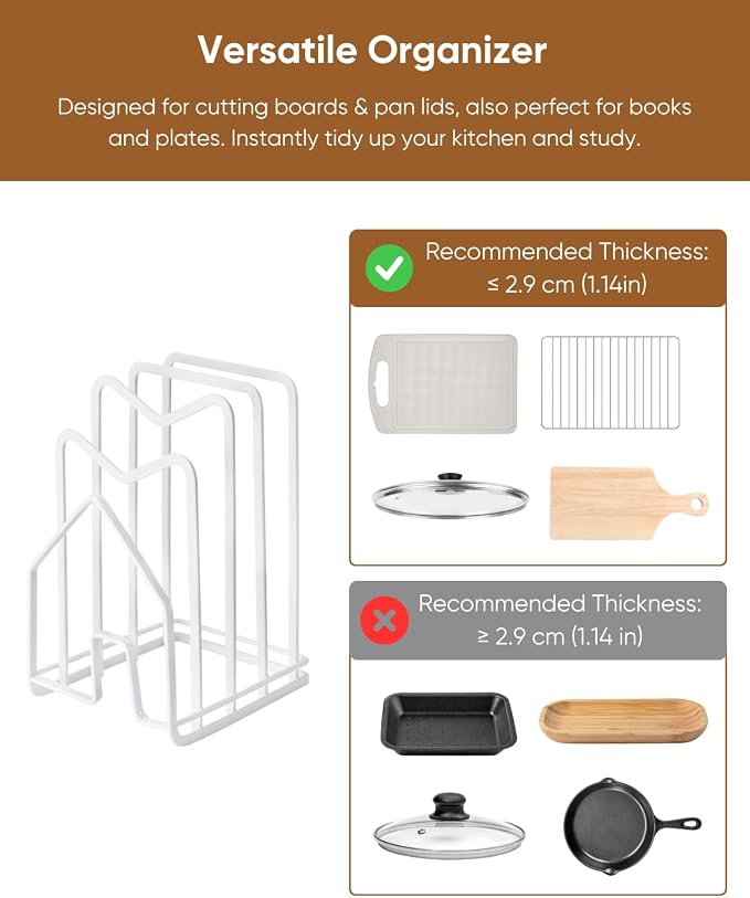 LINFIDITE Cutting Board Rack Chopping Board Organizer Stand Holder Kitchen Countertop Pots Pan Lids Rack Organizer Flat Steel 4.92Lx5.71Wx8.46H in. White