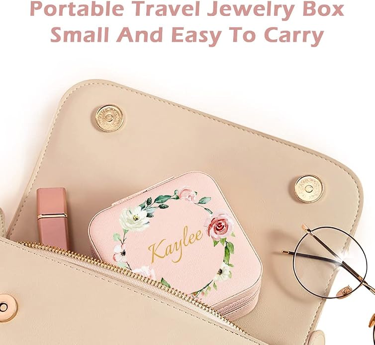 Bridesmaid Gifts Jewelry Box Personalized Small Jewelry Travel Case Custom PU Leather Portable Bridesmaid Proposal Boxes Mini Jewellery Organizer Storage Earrings Rings Necklaces for Women Girls-Pink