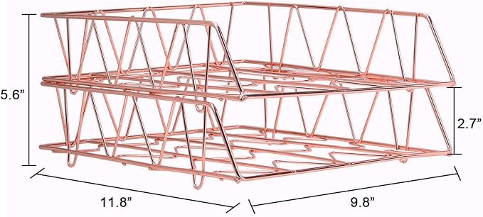 PAG Set of 2 Office Supplies Metal Stackable File Document Letter Tray Organizer for Desk, Rose Gold