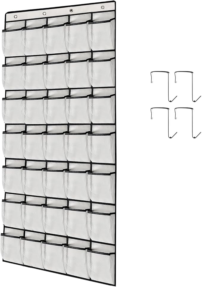 1 Pack 35 Breathable Mesh Pockets Large Hanging Shoe Organizer Over The Door Shoe Rack for Closet Door Storage Shoe Holder Hanger, 4Hooks, White (67.7'' x 26.4'')