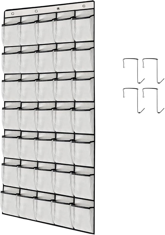 1 Pack 35 Breathable Mesh Pockets Large Hanging Shoe Organizer Over The Door Shoe Rack for Closet Door Storage Shoe Holder Hanger, 4Hooks, White (67.7'' x 26.4'')