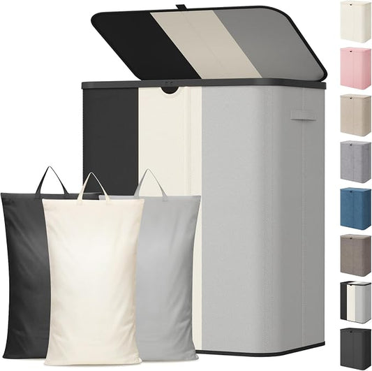 Lifewit 185L 3 Section Laundry Hamper with Lid, Large Laundry Basket with Handles and Removable Bags, Tall Clothes Hamper, Foldable Laundry Sorter for Bedroom Bathroom, Black, Gray, and White
