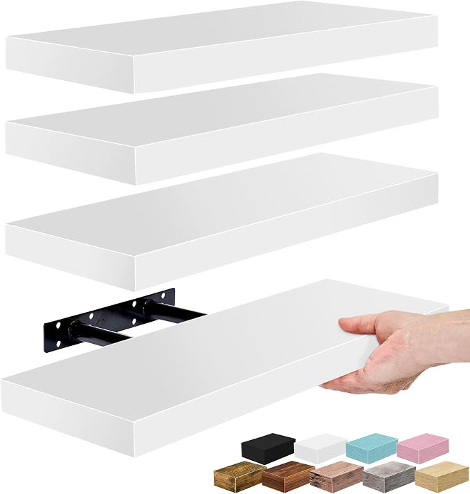 Sorbus Floating Shelves for Wall – 16 Inch Floating Shelf for Kitchen, Bedroom, Living Room, Bathroom, Home & Wall Decor - Mounted Bathroom Shelves with Invisible Brackets (White, 4 Pack)