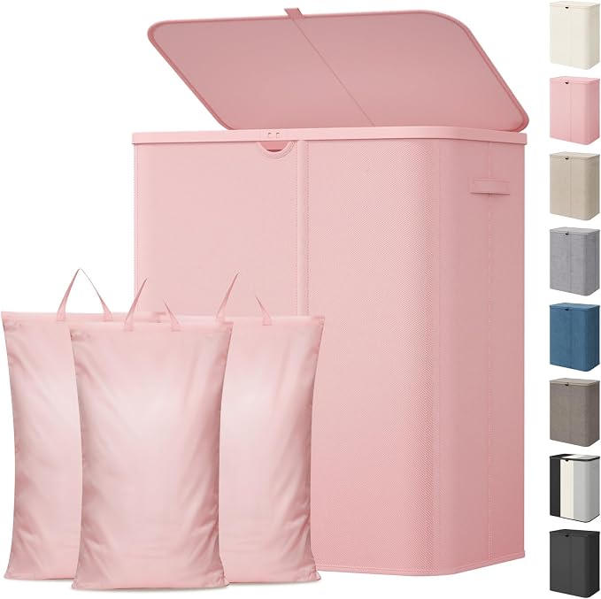 Lifewit 185L 3 Section Laundry Hamper with Lid, Large Laundry Basket with Handles and Removable Bags, Tall Clothes Hamper, Foldable Laundry Sorter for Bedroom Bathroom, Pink