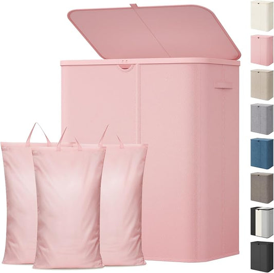 Lifewit 185L 3 Section Laundry Hamper with Lid, Large Laundry Basket with Handles and Removable Bags, Tall Clothes Hamper, Foldable Laundry Sorter for Bedroom Bathroom, Pink