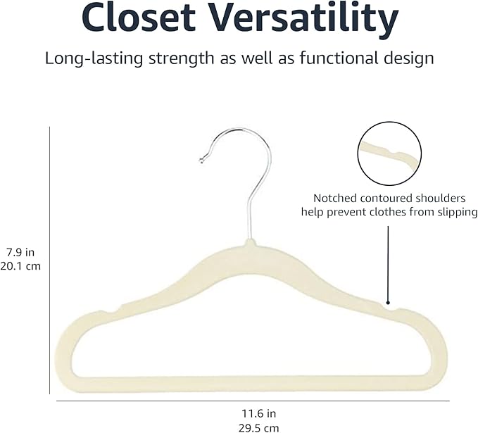 Amazon Basics Kids Space Saving Velvet Non-Slip Clothes Hangers with Shoulder Notches for Infant and Toddler, 11.6", Beige 50 Count (Pack of 4)