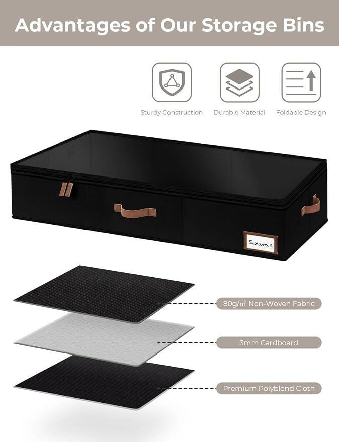 StorageWorks Extra Large Under Bed Storage Containers with Handles and Label Holder, 2 Pack Ultra-thick Fabric Underbed Bins, Closet Organizer for Clothes, Blankets, Sweater