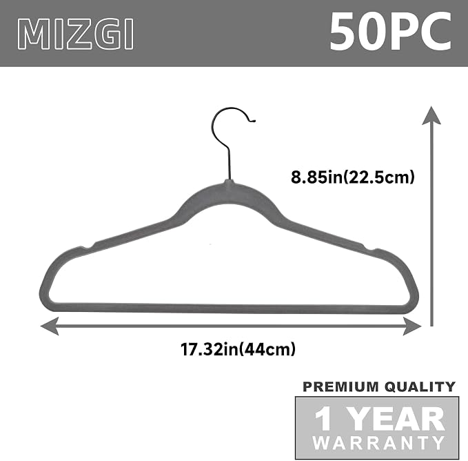 MIZGI Premium Velvet Hangers (50 Pack) Heavy Duty - Non Slip Felt - Gray Suit Hangers With Black Coated Hooks - Space Saving Clothes