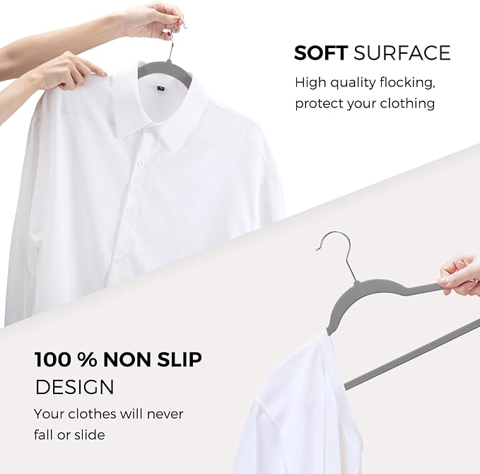 HOUSE DAY Premium Velvet Hangers 50 Pack Grey, Non-Slip Flocked Felt Hangers, Sturdy Clothes Hanger with 360° Rotatable Hook, Heavy Duty Durable Slim Coat Hanger for Closet Space Saving