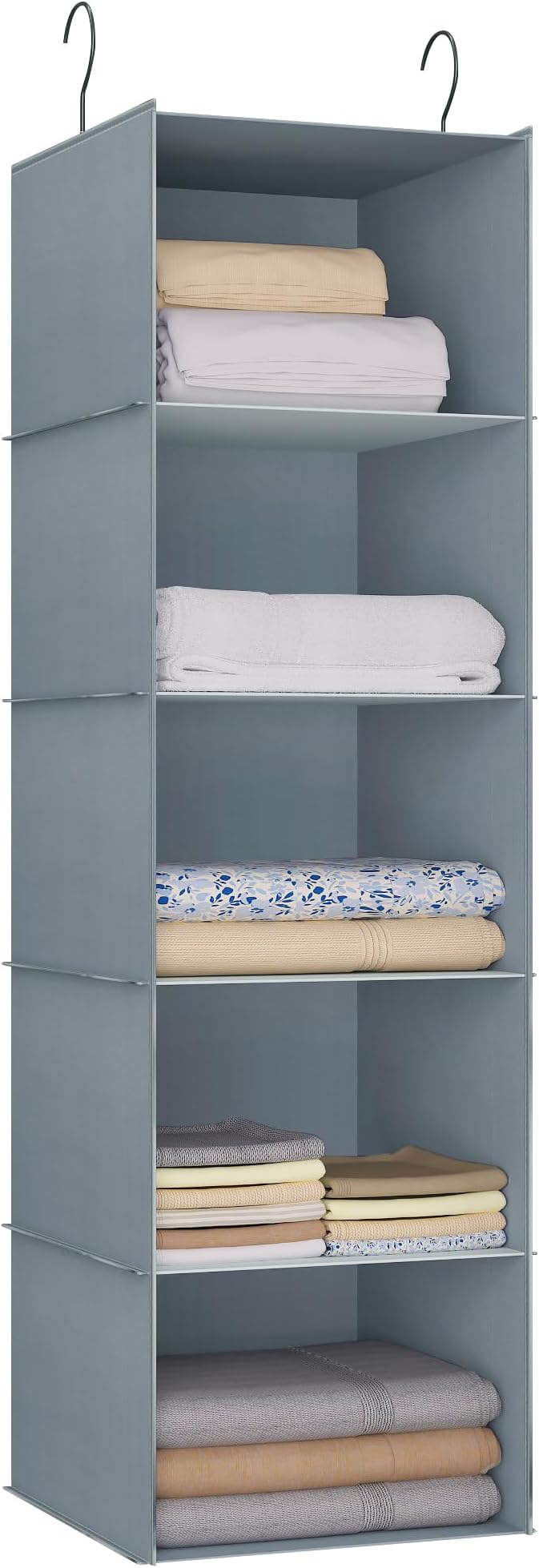 Hanging Closet Organizer 5-Shelf, Oxford Fabric Wardrobe Storage, Gray | Easy-mount foldable design holds clothes, handbags, shoes & accessories; washable Oxford fabric, sturdy and space-saving.