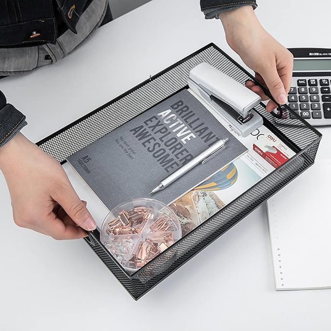 Desk Drawer Organizer, A4 Large Metal Mesh Desk Organizer Tray, Versatile Storage Box Set for Office Home Supplies,13 x 9 inches