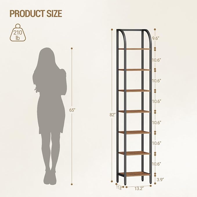 Hzuaneri Bookshelf Narrow Bookcase, Tall Storage Rack with Steel Frame, Display Standing Shelf Unit, Skinny Book Shelf for Study Living Room, Home Office, Industrial, 7-Tier Rustic Brown BC57701B