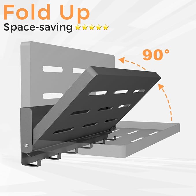 Folding Shelf with Hooks Wall Mount, Laundry Room Metal Shelves, Fold Up 90° and 8 Hooks, Foldable Storage Wall Shelf for Rv, Utility Room, Garage, Space Saving, Black（17.0", 2 Pack）