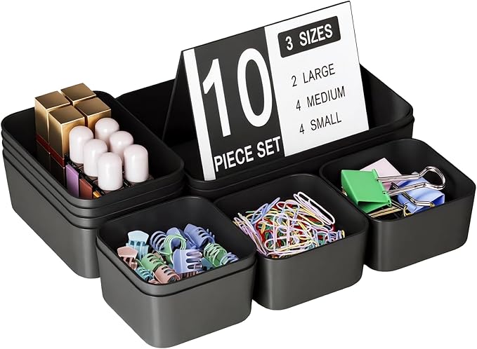Drawer Organizers Bins 10 PCS for Bathroom Makeup Desk Office | with Non-slip Pads, 3 Sizes, Plastic Tray, Vanity Organizer, Kitchen Utensils Organizer