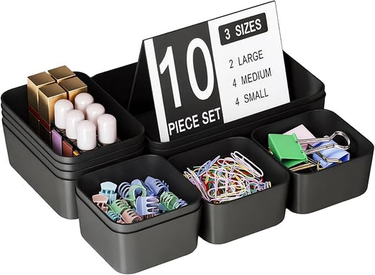 Drawer Organizers Bins 10 PCS for Bathroom Makeup Desk Office | with Non-slip Pads, 3 Sizes, Plastic Tray, Vanity Organizer, Kitchen Utensils Organizer