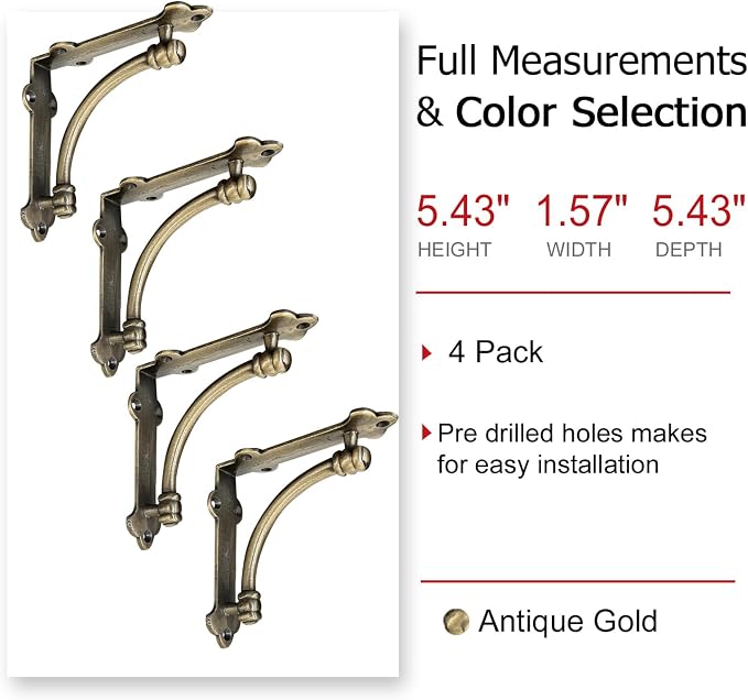 NACH Decorative Shelf Brackets, 4 Pack of 5.25 x 1.25 x 5.25 inch Gold Brackets - Cast Iron Shelf Brackets for Mounting - Industrial Style Decorative Brackets