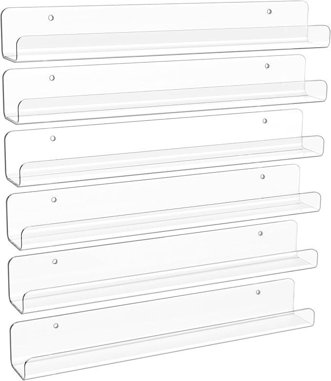 upsimples 6 Pcs 12" Clear Acrylic Shelves, Small Shelf for Wall Display | Narrow Floating Shelves for Nail Polish, Vinyl Wall Mount, Record Holder, Magazine Rack, Comic Display, Picture Ledge Shelf