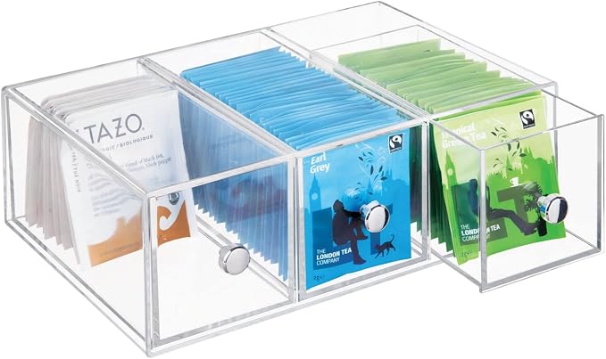 mDesign Plastic Kitchen Pantry Stackable Storage Organizer Container Station with 3 Drawers for Cabinet, Countertop, Holds Coffee, Tea, Sugar Packets, Creamers - Lumiere Collection - Clear