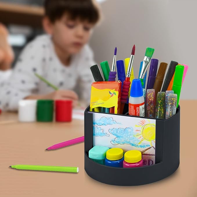 Acrimet Compact Desktop Organizer, 4 Spacious Slots, Round Pencil and Accessories Holder with Photo Slot, Ideal for Office, Art Supplies, Vanity Storage, and Home Organization (Black Plastic)