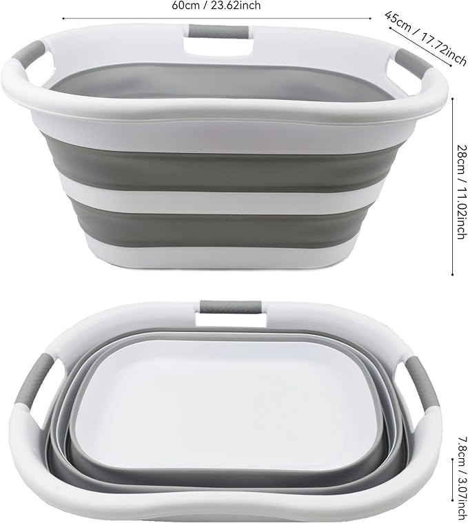 SAMMART 40L (10.5 gallons) Collapsible Plastic Laundry Washing Tub - Foldable Pop Up Laundry Basket/Hamper - Portable Washing Tub - Pop Up Saving (White/Grey)