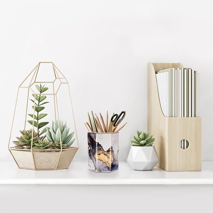 Ceramic Pen Holder for Desk Cute, Pencil Cup Pot Desk Organizer, Makeup Brush Holder for Women, Men, Kids, Desk Marble Decor for Office, Classroom, Home, Gray Golden
