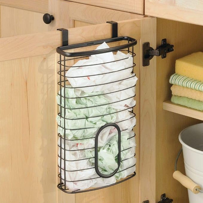 mDesign Over-The-Cabinet Plastic Bag Storage and Grocery Bag Holder, Kitchen Storage - Bronze