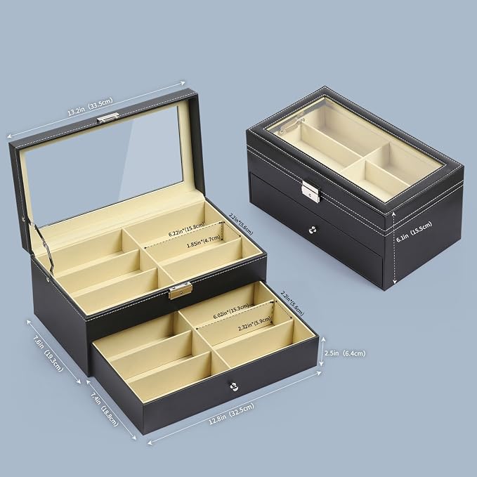 AUTOARK Leather 12 Piece Sunglass Storage Display Case,Black,AW-023 | Eyeglasses Organizer,Drawer Style,Lockable,Glass Top