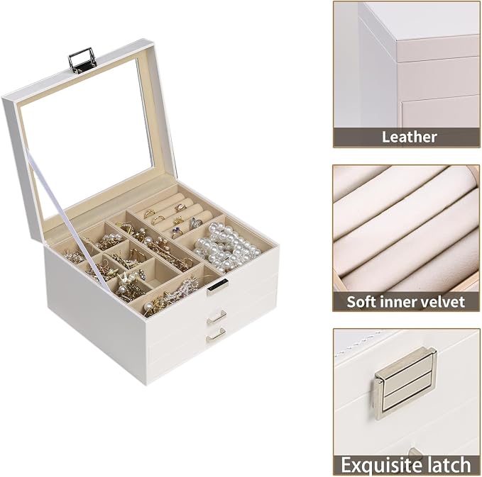 BOOVO Clear Lid Jewelry Box,3 Layers Jewelry Organizer Large Jewelry Storage Box with 2 Drawers,Jewelry Holder Organzier of Rings Earrings Necklace Bracelets for Women (White, 3 Layer)