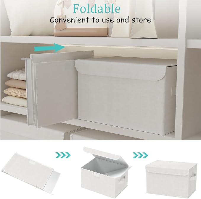 Foldable Storage Bins, Closet Boxes, 4 Pack, White, 13x9x7.9 In | Cube Organizer Basket with Flip-Top Lid and 2 Handles, Decorative Boxes for Shelves with Cover for Clothes, Towels, Blanket