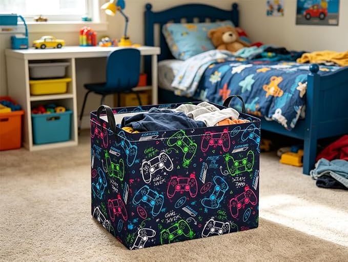 Rectangular Baby Kids Storage Basket for Home Kitchen Girls Cute Toy Storage Bin Organizer Shelf Book Room Decor(Blue Game)