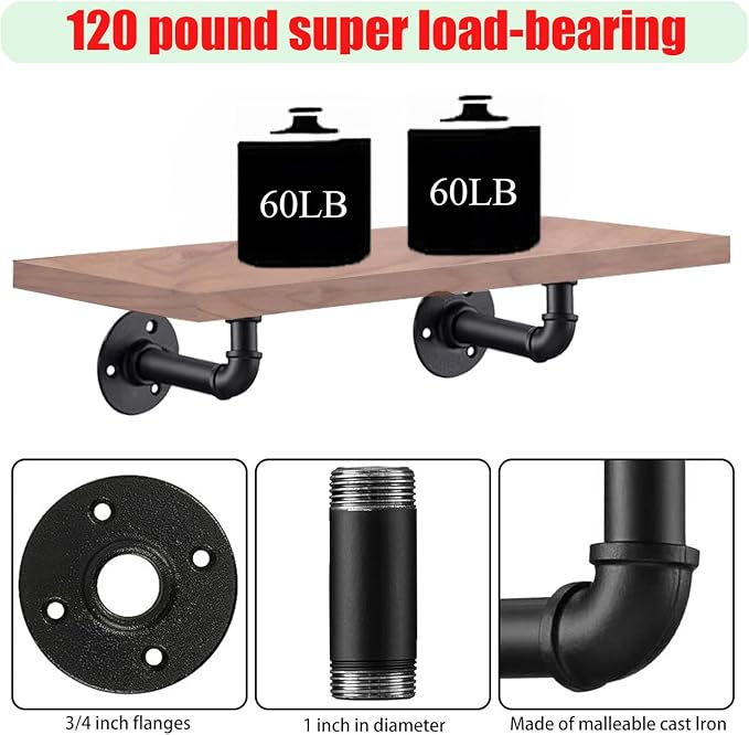 Industrial L Pipe Shelf Brackets for 6-12 In Depth Wood,Heavy-Duty 3/4" Iron,Wall Mount Floating Shelf Bracket L Metal Pipe Shelving Brackets for Wood-Black DIY Pipe Shelves(5.5*3.1 Inch 10 Pack)