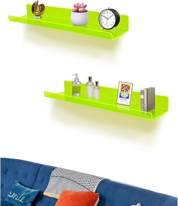 ROYALITA 2-Pack Acrylic Shelves Wall Mounted, 24 Inch Floating Shelves | for Small Items Plants Organize Wall Shelves for Gaming Room, Bedroom, Living Room, Office, Green