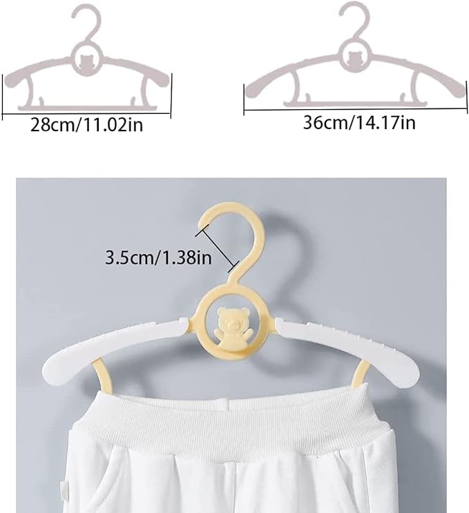 Baby Clothes Hangers 20 Pack Plastic Kids Hangers Space Saving for Closet | Yellow Hanger for Toddler Girl and Boy - Lightweight Anti-Slip Cascading Padded Slim Extendable Adjustable Pants Bear Hangar