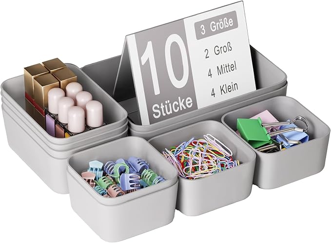 Drawer Organizers Bins 10 PCS for Bathroom Makeup Desk Office | with Non-slip Pads, 3 Sizes, Plastic Tray, Vanity Organizer, Kitchen Utensils Organizer