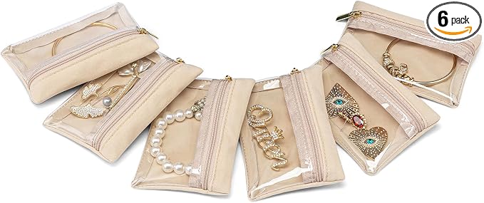 Vlando 6 Pcs Travel Jewelry Organizer Velvet Jewelry Pouch with Zipper Clear Travel Jewelry Bag for Travel Business Trip Jewelry Pouch for girls Mothers Day Gifts for Mom