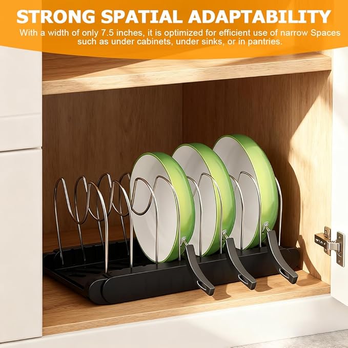 Pots and Pans Organizer for under Cabinet, Expandable Pot Lid Holder with 10 Adjustable Compartment, Pan Organizer Inside Cabinet for Lids & Cookware(COLOR:Black)