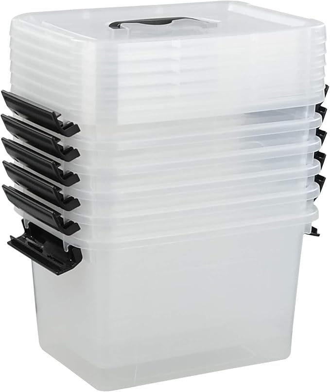 Wekioger 6 Quart Versatile Storage Bins with Handle and Secure Latching Buckles, 6 Packs Plastic Lidded Organizing Container Box, Clear