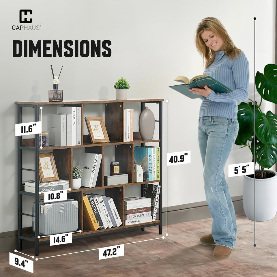 CAPHAUS 10 Cube Storage Organizer, 48” Wide 3 Tier Rustic Oak Industrial Open Shelf Bookcase, Display Shelf, Horizontal 