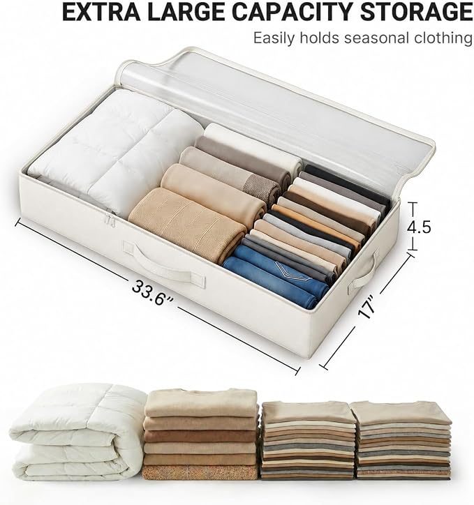TidyCorner 2-Pack Under Bed Storage Containers, 4.5 Inches Tall Low Profile Underbed Clothes Storage Organizer Bin with Sturdy Sidewalls/Bottom, Underbed Storage Bins, Beige