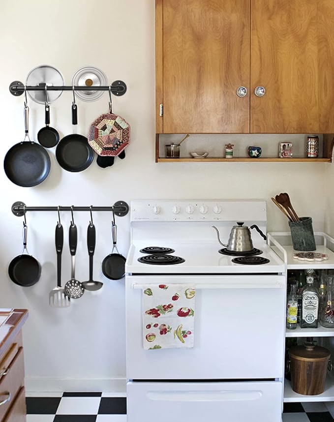 Industrial Pipe Pot Pan Rack 21" (2 Pack), Wall mount Pot hangers Pan Hanging Rail Lid Hanger for kitchen with 10 S Hooks