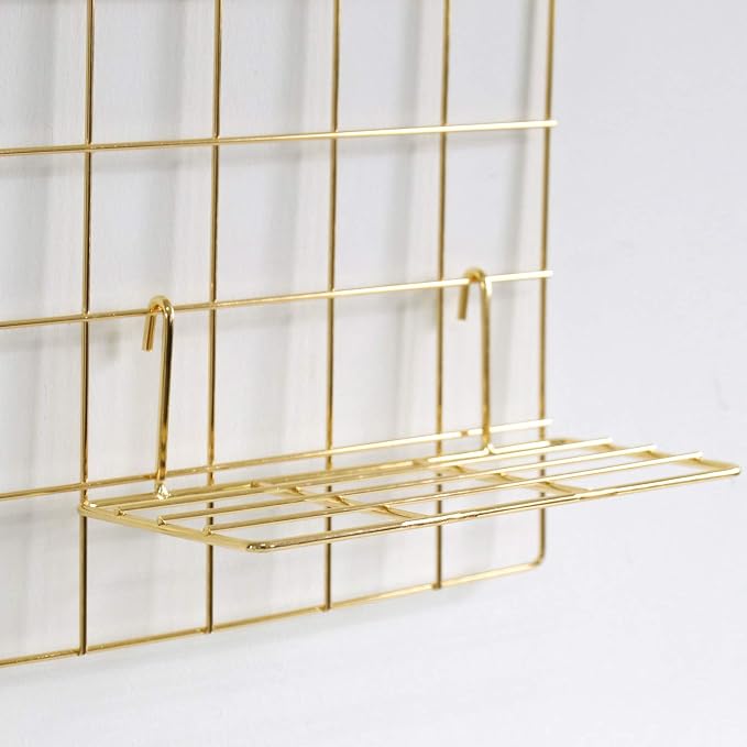 Gold Grid Basket with Hooks,Bookshelf,Display Shelf for Wall Grid Panel,Wall Mount Organizer and Storage Shelf Rack for Home Supplies,1 Set of 3 (Gold)