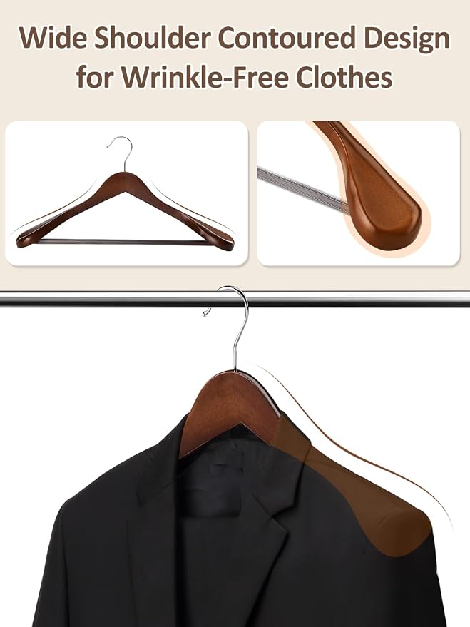 AMKUFO Wide Shoulder Wooden Hangers 8 Pack Coat Hanger with Non Slip Pants Bar, Heavy Duty Suit Hanger Wood Clothes Hangers with Smooth Finish 360° Swivel Hook for Sweater Jackets Shirts Walnut