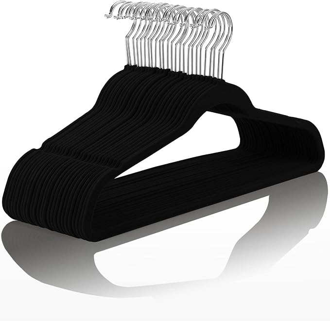 MIZGI Premium Velvet Hangers (50 Pack) - Heavy Duty, Non Slip Felt - Velvet Suit Hangers, Black with Chrome Hooks, Space Saving
