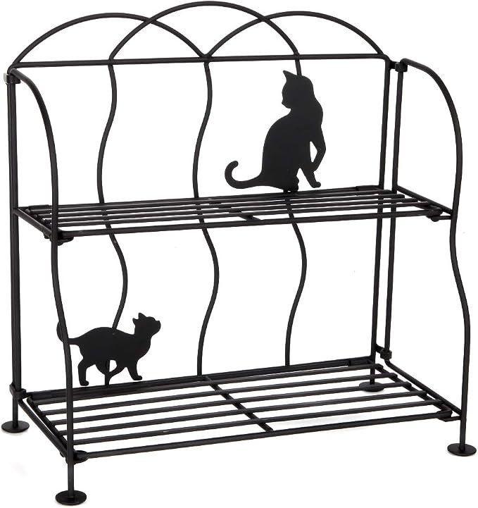 Lily's Home Cat Lovers Black Metal Countertop Wire Shelf Rack, Great for Household Items, Kitchen Organizer, Bathroom Storage and More. Foldable. 2-Tier