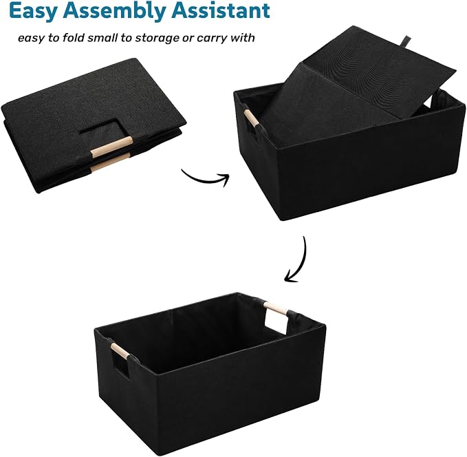 ZOOFOX Set of 2 Black Storage Baskets, Closet Storage Bins with Wooden Handles, Foldable Rectangular Storage Baskets for Shelves, Closets, Home, Office