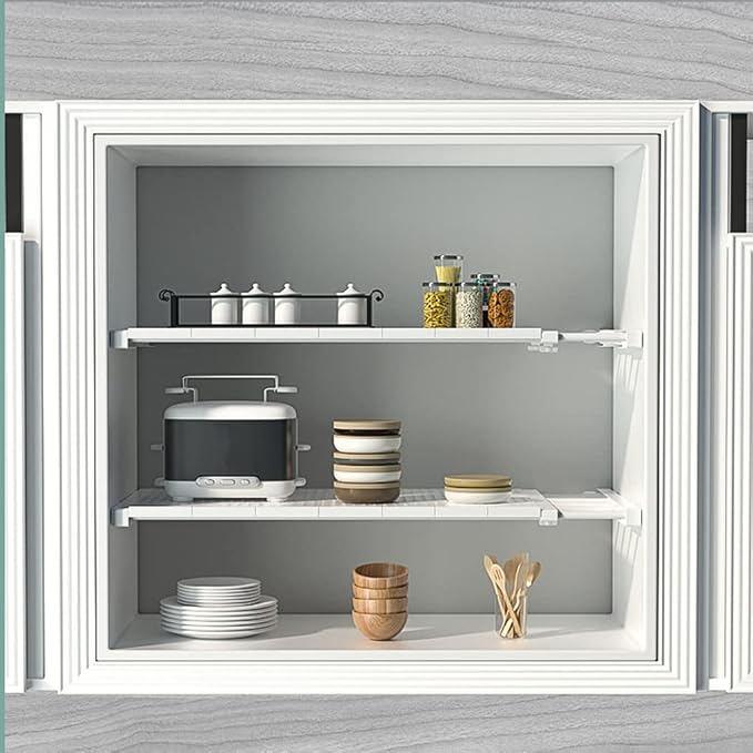Extendable Closet Shelf Tension Rod Adjustable Clothes Hanger DIY Cabinet Storage Holder Wardrobe Organizer Dividers Shoe Rack 16.54'' Width for Bathroom Kitchen Bookshelf - White
