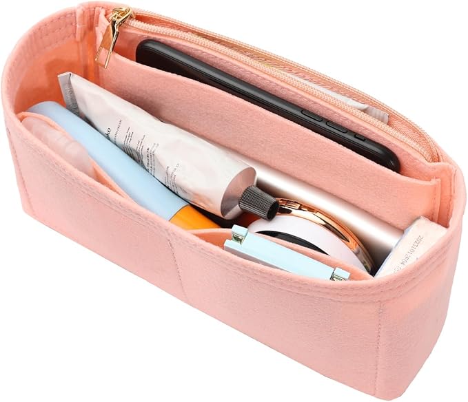 Surblue Purse Organizer Insert for Handbags, Felt Bag Organizer with Zippers Handbag Shaper Pouch for Classic 19 Flap Bag, Marmont, Onthego,（Lightpink, Slender S）