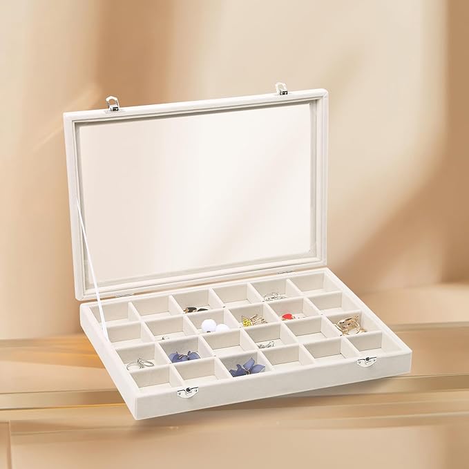 Stratalife Jewelry Organizer Jewelry Tray with See-through Lid 24 Grids Earring Display Showcase Large Velvet Storage Box for Earring Necklace Rings Dice Beige