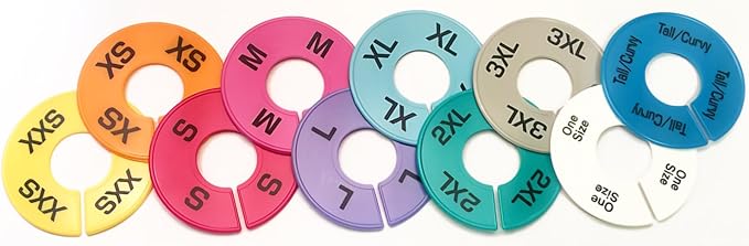 Set of Colored Clothing Round Rack Size Dividers (XXS - 3XL) Various Quantities Available (20)